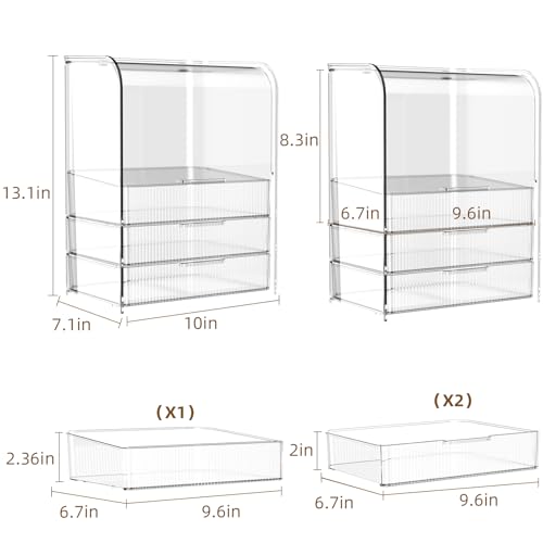 GearFusion 3 Tier Clear Cosmetic Organizer, Makeup Display Case with Lid & Drawers, Countertop Dresser Vanity Storage Box, Beauty Holder for Skincare Lipstick Brush