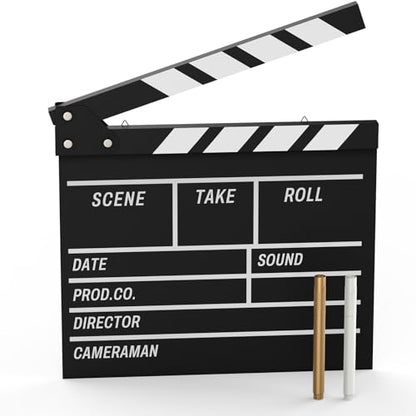 Movie Film Clapboard Hollywood Wooden-Clapper Board Directors Photography Studio Video TV Clapper Board with Erasable Pen Movie Theater Props Decor，Black Clap Board 10.5 X 11.7 inches (Black)