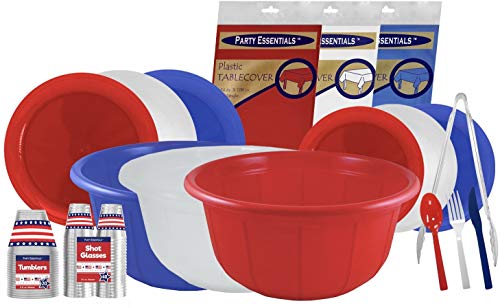 Party Essentials Patriotic Assortment Hard Plastic Combo Pack, Disposable Cutlery Sets, 51 Pieces/ 17 Place, Red/White/Blue - size: 51 Pieces/ 17 Place Settings