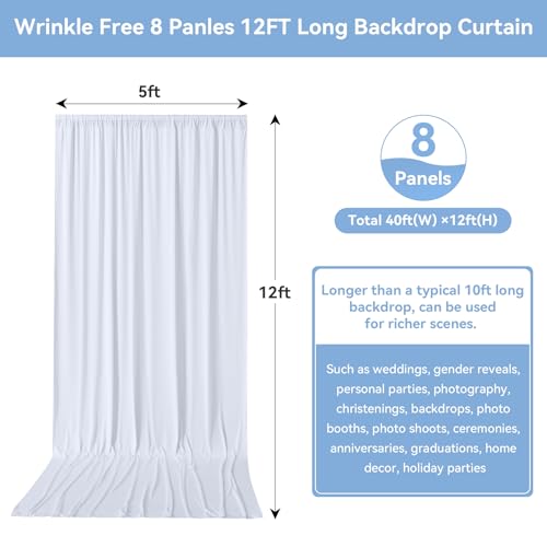 40FTx12FT White Wrinkle-Free Wedding Backdrop Curtain -Silky Washable White Polyester Drapes for Baby Showers, Birthday Parties, Photography, and Wedding Receptions-8 Panels 5FTx12FT - color: White, size: W5' X H12'(8 Panels)