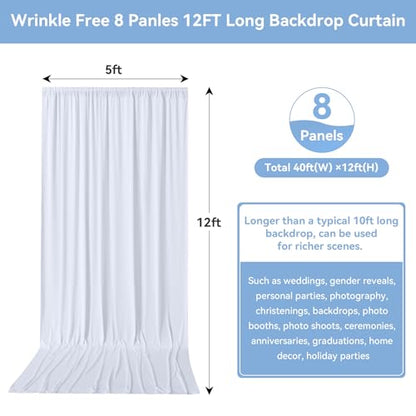 40FTx12FT White Wrinkle-Free Wedding Backdrop Curtain -Silky Washable White Polyester Drapes for Baby Showers, Birthday Parties, Photography, and Wedding Receptions-8 Panels 5FTx12FT - color: White, size: W5' X H12'(8 Panels)