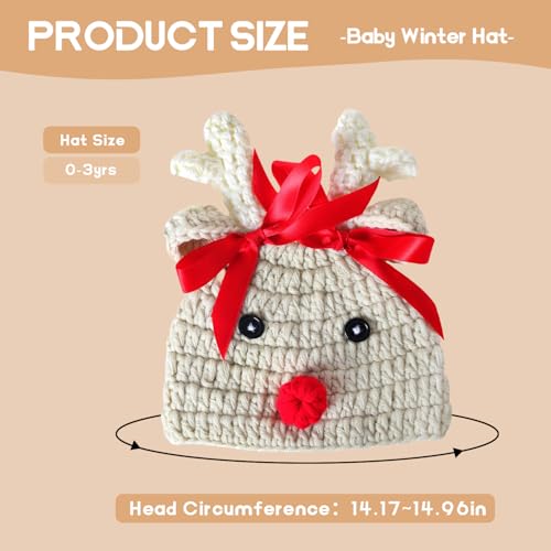 Ypser Infant Baby Knitted Beanie Photo Prop Crochet Knit Cap Christmas Cap Deer Hat with Bow - color: Beige(0-3 Months), size: One Size