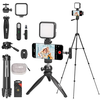 USKEYVISION Upgraded Vlogging Kit w/Wireless Lavalier Microphone,YouTube Kit for iPhone and Smartphone w/59” Retractable Tripod,Automatic Switch Phone Clamp,Content Creator Gear for TikTok(Vlog K5) - size: VLOGK5(Wireless Mic)