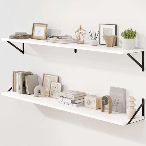 Fun Memories Deep Floating Shelves for Wall, 55W x 8D Wall Mounted Shelves Set of 2, Wide Display Ledge Shelf with Sturdy Metal Brackets for Living Room, Bathroom, Bedroom and Kitchen, White - color: A-white, size: 55"W x 8"D