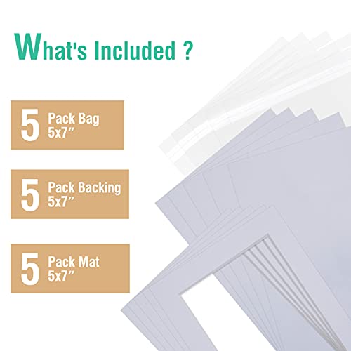 Falling in Art Acid Free 5 Pack 5x7 Pre-Cut Mat Board Show Kit for 4x6 Photos, Prints or Artworks, 5 Core Bevel Cut Matts and 5 Backing Boards and 5 Crystal Plastic Bags, White - size: 5x7-5 Pack