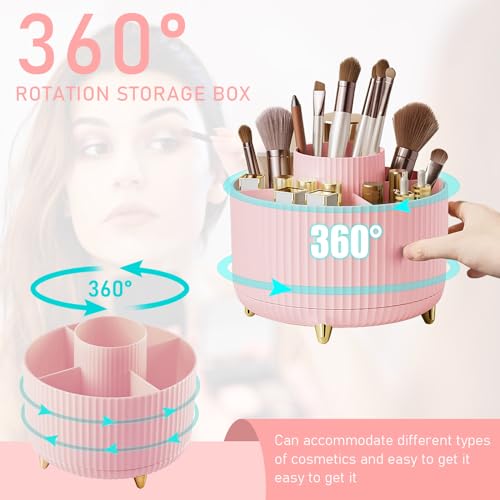 Diesisa Makeup Brush Holder Organizer,360° Rotating Makeup Brush Organizer,5 Slot Make up Brushes Cup for Cosmetics, Nail Polish, Art Supply, Bathroom Vanity Desktop Organizer - Pink - color: Pink