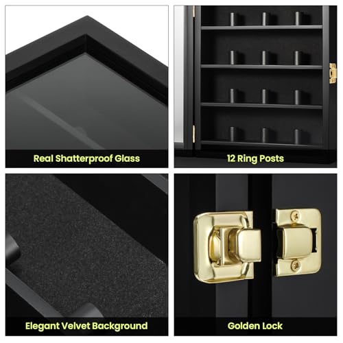 TJ.MOREE Championship Ring Display Case, 12 Ring Posts Baseball Ring Display Case, 8 x 10 Wall Mount Wooden Glass Shadow Box - Black - color: 12 Posts-black-rectangle