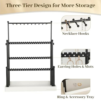 Tirzah 3-Tier Adjustable Earring Necklace Holder Organizer Stand, Black Jewelry Display Tree with 105 Slots, 10 Double-Sided Hooks, White Tray for Women, Girls - color: White & Black, for Necklace Earring