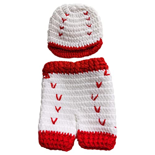 Newborn Baby Photo Shoot Props Girl Boy Crochet Knit Hat Costume Stripe Hat Pants Overalls Photography Props - color: Red and White