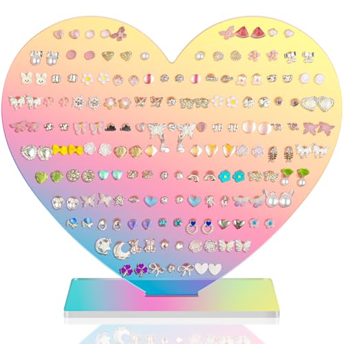 NiHome Heart-Shaped Acrylic Earring Holder Stand for Studs & Dangles, Romantic Jewelry Organizer for All Ages, Vanity Dresser or Boutique Decorative Display Holds 85 Pairs with 171 Holes (Iridescent) - color: Iridescent