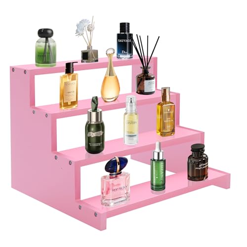 Wooden Perfume Stand for Women 4 Tier Pink Perfume Organizer Stand Perfume Display Shelf & Holder for Women’s Dresser & Vanity Desktop Rack for Fragrance Figures Dessert Cupcakes Decoration - color: Pink, size: 9inch