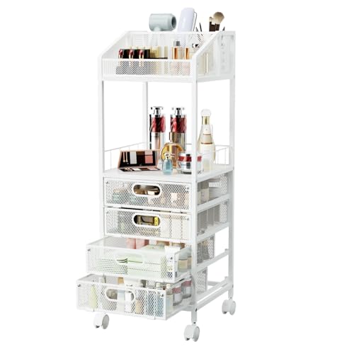 HapiRm Makeup Organizer Storage Cart - Floor Skincare Make Up Storage with 4 Drawers, Rolling Makeup Cart Vanity Organizer Cosmetics Display Cases Holder for Skin Care Perfume Nail Polish - color: White