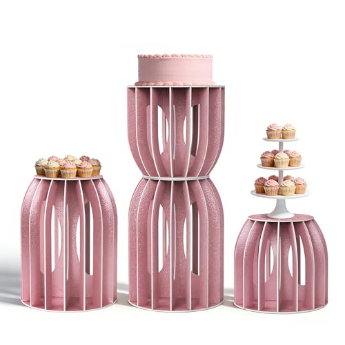 4PCS Cylinder Stands for Party, Pink Golden Cylinder Pedestal Stand, Cilindros Para Fiestas Cake Table Stand for Parties Plant Stand Cylinder Tables for Parties Round Cylinder Stands for Party - color: Pink Golden