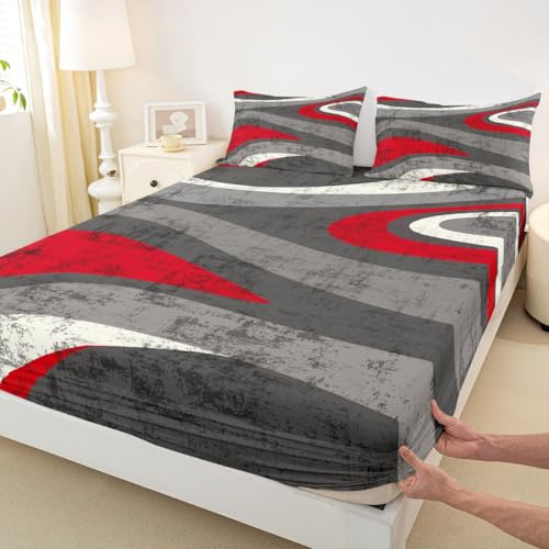 Red and Gray Bed Sheet Set Modern Abstract Art Fitted Sheet for Kids Boys Girls Teens Retro Circle Bedding Set Swirl Bed Cover 3Pcs with 2 Pillow Case Full Size - color: Multi Aa04, size: Full
