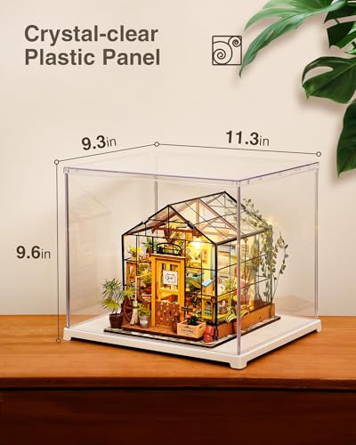 ROBOTIME Clear Acrylic Display Case Dustproof Box Stand with White Base, Dust Cover Display Case for Assemble Countertop Cube Organizer Stand Storage Boxes（11.3x9.3x9.6inch）
