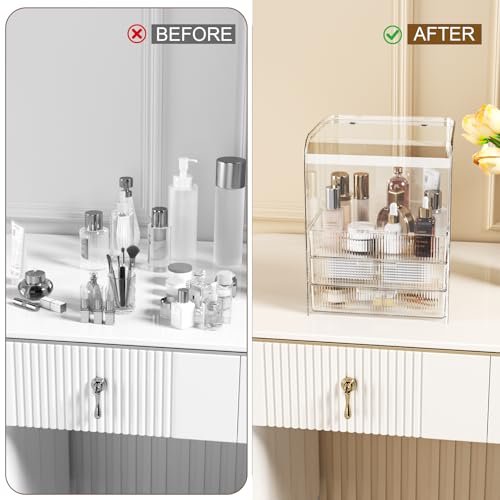 GearFusion 3 Tier Clear Cosmetic Organizer, Makeup Display Case with Lid & Drawers, Countertop Dresser Vanity Storage Box, Beauty Holder for Skincare Lipstick Brush