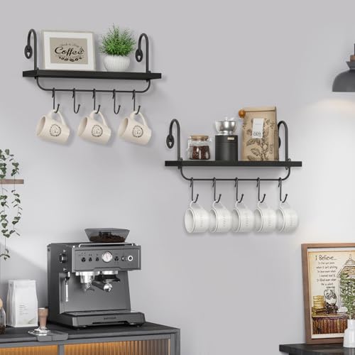 Olakee Floating Wall Shelves for Kitchen Bathroom Coffee Nook with 10 Adjustable Hooks for Mugs Cooking Utensils or Towel Rustic Storage Shelves Set of 2/17x5.9 inch (Black) - color: Black