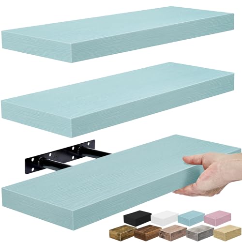 Sorbus Floating Shelves for Wall – 16 Inch Floating Shelf for Kitchen, Bedroom, Living Room, Bathroom, Home & Wall Decor - Mounted Bathroom Shelves with Invisible Brackets (Breezy Blue, 3 Pack) - color: Breezy Blue, size: 3 Pack