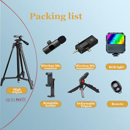 Vlogging Kit for iPhone Andriod Phone, Content Creator Essentials,YouTube Begginer Kit with RotatableHolder/Lavalier Microphone/RGB Light/Remote/Extendable Tripod (60IN Tripod) - size: 60IN Extendable Tripod