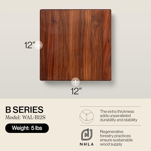 John Boos B Series Square Wooden Walnut Cutting Board 12”x12” – 1.5” Thick, 5-lb Non-Reversible Butcher Block with Wood Bun Feet & Edge-Grain - color: Walnut with Wood Feet, size: 12"L x 12"W