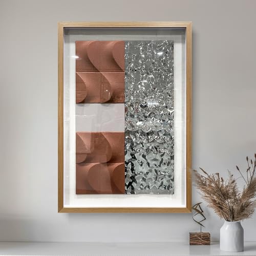 BrightA 3D Wood Wall Art Modern Style Sandstone Relief Painting Stainless Steel Water Ripple Painting Decorative Space Textural Art Office Wall Art 27.5"x39.4" - color: Dark brown + light pink + stainless steel color + natural wood tone, size: 27.5"x39.4