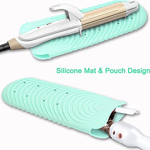 Heat Resistant Mat for Curling Iron, Silicone Flat Iron Mat & Holder for Counter, Portable Travel Curling Iron Mat & Pocket for Hot Hair Styling Tools