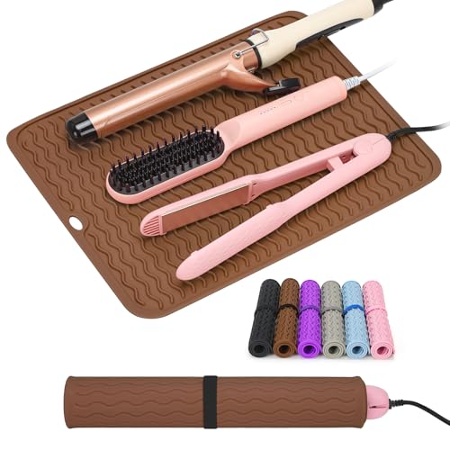Oversize Silicone Heat Resistant Mat for Curling Irons, Flat Irons, Hair Straighteners and Hot Hair Styling Tools, Portable Wrap Pad Cover for Vanity, Travel, Salon(14.2" x 11.0") - color: Brown