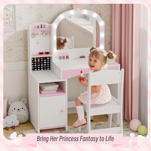 Girls Vanity Table and Chair Set, Kids Vanity with Jewelry Organizer for Princess, Toddler Makeup Vanity Desk with Open Shelf, Closed Cabinet and Butterfly Pattern, White - color: White