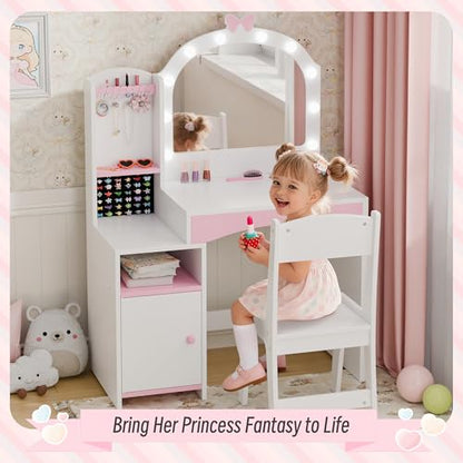 Girls Vanity Table and Chair Set, Kids Vanity with Jewelry Organizer for Princess, Toddler Makeup Vanity Desk with Open Shelf, Closed Cabinet and Butterfly Pattern, White - color: White