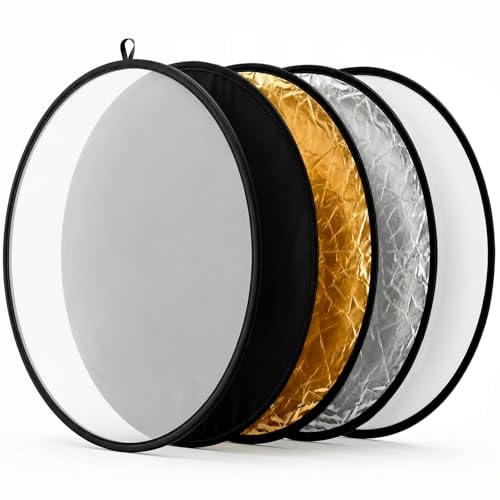 QWORK 22 Inch (60 cm) 5-in-1 Collapsible Light Reflector & Diffuser - Translucent, Silver, Gold, White, Black, Multi Disc Photography Reflector for Studio Outdoor Photography
