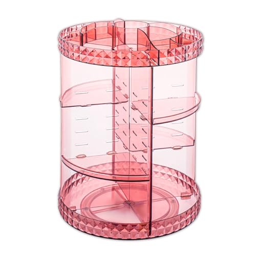 V-HANVER 360 Rotating Makeup Organizer Perfume Organizer Pink Cosmetic Storage Display Case Large Capacity Acrylic Beauty Holder Adjustable Partition Height for Bedroom Dresser or Bathroom Vanity - color: Pink