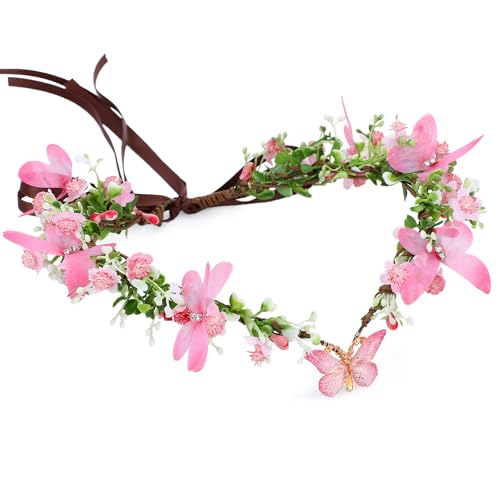 MOSTORY Handmade Fairy Butterfly Crown - Elf Flower Hadpiece Elven Headband for Women s Spring Wedding Maternity Shoot - color: Pink-green
