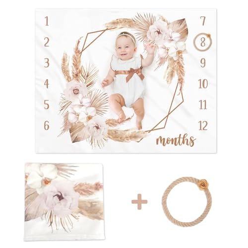 Boho Baby Milestone Monthly Blanket Season Floral Neutral Baby Nursery Growth Gender Reveal Present Photo Props Little Boy Girl Bohemian Blanket Expecting Mom Gift Idea