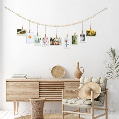 Jetec 2 Pieces Photo String with Clips, 4 Ft Boho Wooden Bead Garland Photo Display Frame for Dorm Room Bedroom Classroom Cubicle Decor, Hanging Picture Holder, Teacher Nurse Appreciation Gifts
