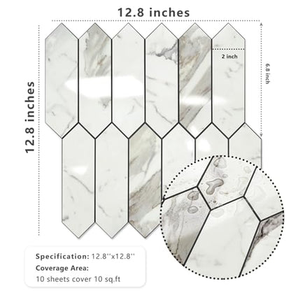 Vamos Tile Glossy Carrara White Backsplash Tile Peel and Stick, 12.8 x 12.8 Inch 10 Sheets Long Hexagon PVC Self Adhesive Mosaic Wall Tiles Stick on Backsplash for Kitchen and Bathroom - color: Glossy Carrara White