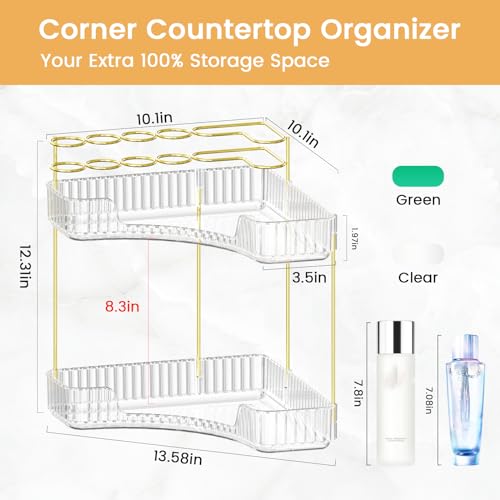NATURE'S SOURCE Makeup Organizer for Vanity, 2-Tier Corner Bathroom Organizer Countertop with Makeup Brush Holder, Corner Counter Storage for Bathroom Dresser-Clear - color: Clear, size: 2-Tier