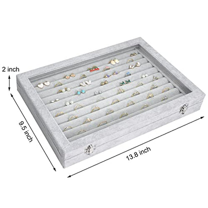 Siveit Rings Organizer Tray 10 Slots Velvet Ring Display Tray Insert Jewelry Earring Storage Box with Transparent Glass lid Can Hold 100 Rings Earrings Suitable for Girls and Women (Grey) - color: Grey