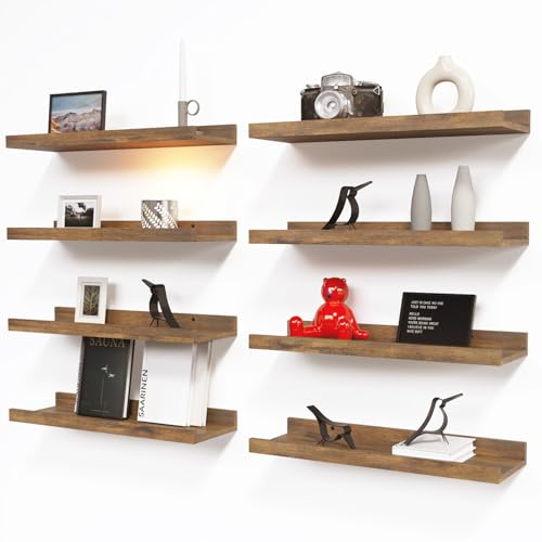 RICHER HOUSE 8 Set Floating Wall Mounted Shelves, Nursery Hanging Book Shelves with Lip for Storage, Display Picture Ledge Shelf for Bedroom Bathroom Kitchen Living Room Wall Decor, Rustic Brown - color: Brown, size: 8pcs*15.75in