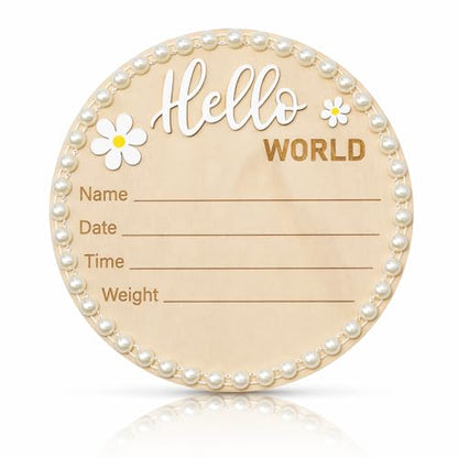 Wonhibo Pearl-Trimmed Newborn Announcement Sign - Baby Hospital Photo Prop Wooden Name Board Card for Birth Welcome Hello World - color: Pearl