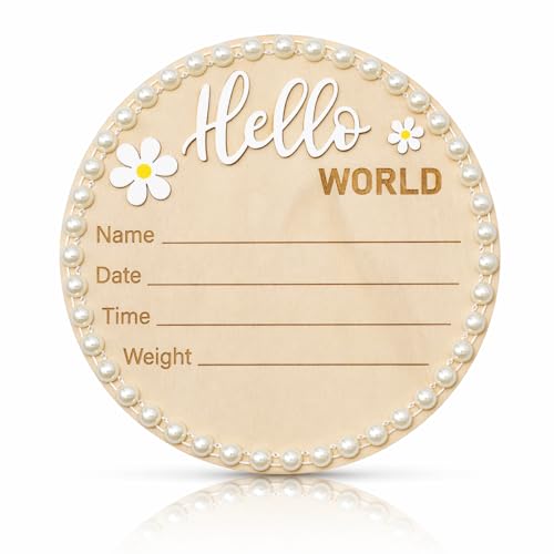 Wonhibo Pearl-Trimmed Newborn Announcement Sign - Baby Hospital Photo Prop Wooden Name Board Card for Birth Welcome Hello World - color: Pearl