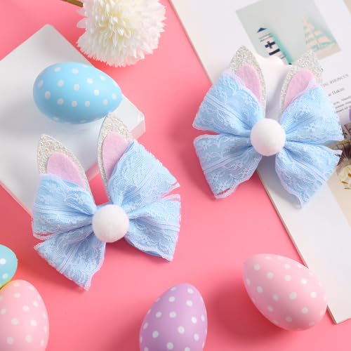 2PC Easter Bunny Ears Hair Bow Clips 4 Inch Rabbit Hair Accessories Spring Party Supplies Blue - color: Blue