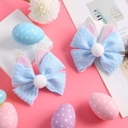 2PC Easter Bunny Ears Hair Bow Clips 4 Inch Rabbit Hair Accessories Spring Party Supplies Blue - color: Blue