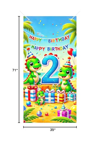HOMETITUTE 2nd Birthday Door Cover 71x35 Inch Dinosaur Theme Birthday Banner for Toddler Party Decorations Beach Gift Backdrop Sign for Boys Girls Cake Table Props - color: Beach Dinosaur 2