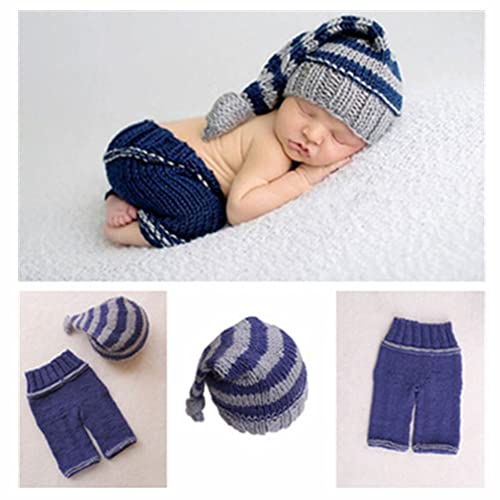 Newborn Baby Photo Shoot Props Girl Boy Crochet Knit Hat Costume Stripe Hat Pants Overalls Photography Props - color: Multicolor