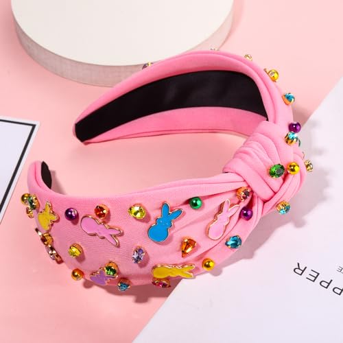 NVENF Easter Headband for Women Beaded Easter Rabbit Bunny Headband White Pink Crystal Pearl Knotted Headbands Happy Easter Hair Accessories Spring Holiday Headwear Outfits Gifts (Bunny C - Pink) - color: Bunny C - Pink