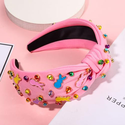 NVENF Easter Headband for Women Beaded Easter Rabbit Bunny Headband White Pink Crystal Pearl Knotted Headbands Happy Easter Hair Accessories Spring Holiday Headwear Outfits Gifts (Bunny C - Pink) - color: Bunny C - Pink