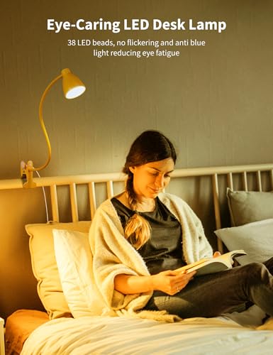 BOHON Clip on Light, 10W 38 LED Desk Lamp with Clamp, 5 Color 10 Brightness Auto Off Timer, Flexible Neck Clip Lamp, Desk Lights for Office Home Bed Bedside Reading, Bright Yellow - color: Bright Yellow