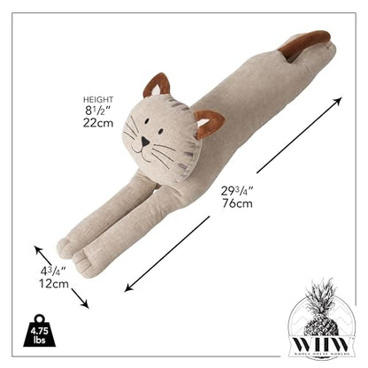 Kitty Cat Draught Door Stopper, Soft Beige Grey Flax Linen and Cotton, Curly Brown Ears and Tail, 29.75 Inches Long, 4.75 lbs. - color: Beige