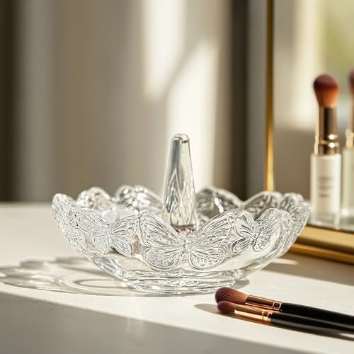 H&D HYALINE & DORA Clear Crystal Ring Holder with Butterfly Pattern, Engagement Glass Ring Dish Jewelry Holder for Rings Earrings Necklace Organizer - color: Clear，Butterfly