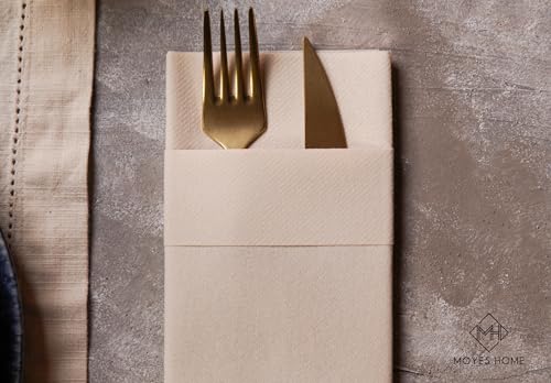 Moyes Home Beige Disposable Dinner Napkins with Pocket - Linen-Feel Pre-Folded Cloth-Like Paper Napkins for Silverware, Weddings, Dinner Parties, 16x16 in, Pack of 50 - color: Beige